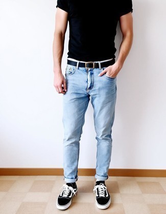Black Crew-neck T-shirt · Light Blue Jeans · Black and White Canvas Low Top Sneakers · Black Canvas Belt · White Socks