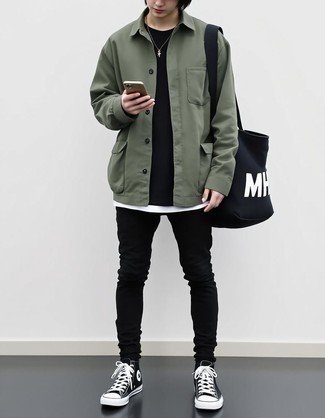 Olive Shirt Jacket · White Crew-neck T-shirt · Black Crew-neck T-shirt · Black Skinny Jeans · Black and White Canvas High Top Sneakers · Black and White Print Canvas Tote Bag