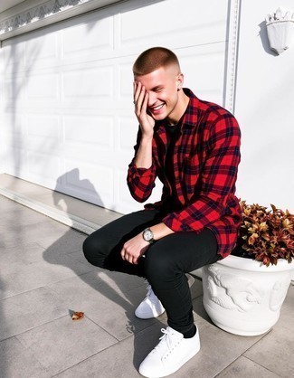 Red and Navy Plaid Long Sleeve Shirt · Black Crew-neck T-shirt · Black Skinny Jeans · White Leather Low Top Sneakers · Black No Show Socks