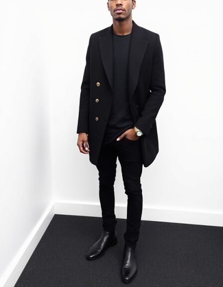 Black Overcoat · Black Crew-neck T-shirt · Black Jeans · Black Leather Chelsea Boots · Gold Watch