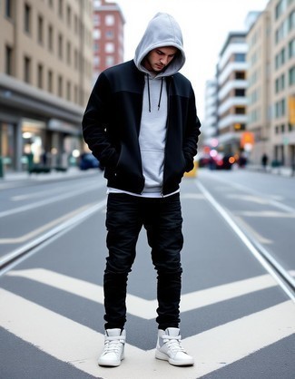 Black Bomber Jacket · Grey Hoodie · Black Jeans · White Leather High Top Sneakers