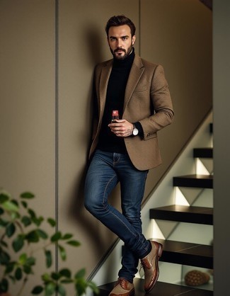 Brown Blazer · Black Turtleneck · Blue Jeans · Brown Leather Brogues · Gold Watch