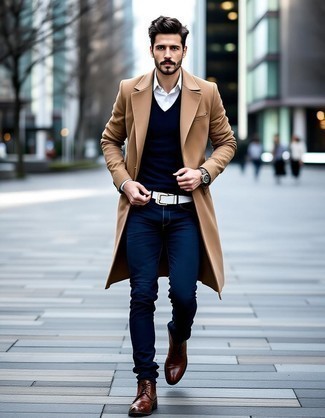 Camel Overcoat · Navy V-neck Sweater · White Long Sleeve Shirt · Navy Skinny Jeans · Brown Leather Desert Boots · Dark Brown Leather Watch