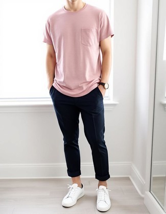 Pink Crew-neck T-shirt · Navy Chinos · White Leather Low Top Sneakers · Black Leather Watch