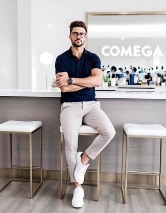 Navy Polo · Beige Chinos · White Leather Low Top Sneakers · Clear Sunglasses · Black Leather Watch