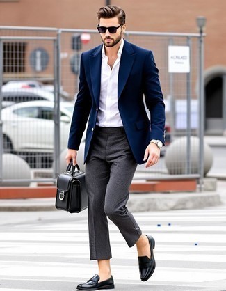 Navy Blazer · White Dress Shirt · Charcoal Dress Pants · Black Leather Loafers · Navy Sunglasses · Silver Watch