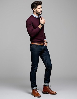 Burgundy Crew-neck Sweater · Light Blue Chambray Long Sleeve Shirt · Navy Jeans · Brown Leather Desert Boots · Tan Leather Belt · Black Leather Watch