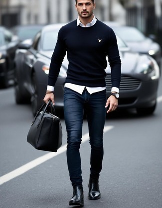 Navy Crew-neck Sweater · White Long Sleeve Shirt · Navy Skinny Jeans · Black Leather Chelsea Boots · Black Leather Holdall · Black Leather Watch