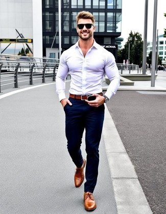 White Dress Shirt · Navy Chinos · Tan Leather Derby Shoes · Brown Leather Belt · Dark Green Sunglasses · Black Leather Watch