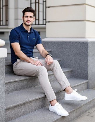 Navy Polo · Beige Chinos · White Leather Low Top Sneakers · Black Leather Watch