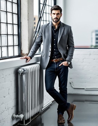Grey Blazer · Black Long Sleeve Shirt · Navy Jeans · Dark Brown Leather Desert Boots · Brown Leather Belt · Black Canvas Watch