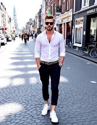 White Long Sleeve Shirt · Black Chinos · White Leather Low Top Sneakers · Brown Woven Leather Belt · Black Sunglasses · Silver Watch