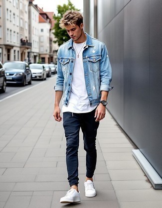 Light Blue Denim Jacket · White Crew-neck T-shirt · Navy Jeans · White Leather Low Top Sneakers · Black Leather Watch