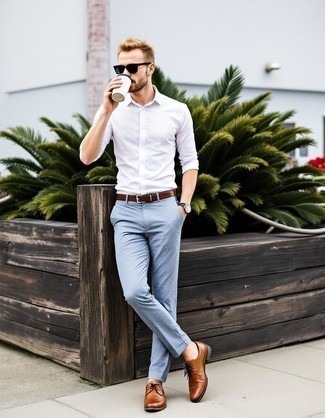 White Long Sleeve Shirt · Light Blue Chinos · Brown Leather Brogues · Dark Brown Leather Belt · Dark Green Sunglasses · Dark Brown Leather Watch