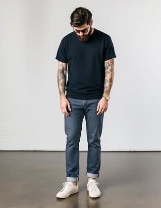 Black Crew-neck T-shirt · Navy Jeans · White Canvas Low Top Sneakers · Clear Sunglasses