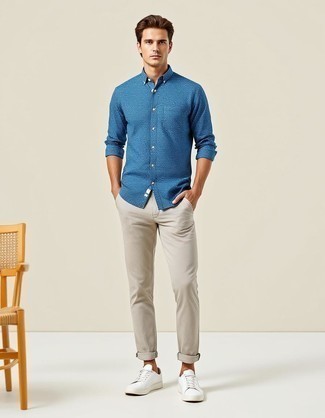 Blue Long Sleeve Shirt · Beige Chinos · White Leather Low Top Sneakers