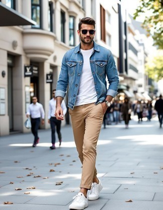Light Blue Denim Jacket · White Crew-neck T-shirt · Khaki Chinos · White Leather Low Top Sneakers · Black Sunglasses · Silver Watch
