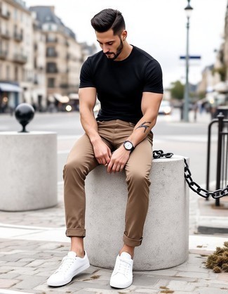 Black Crew-neck T-shirt · Khaki Chinos · White Canvas Low Top Sneakers · Black Leather Watch