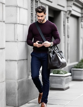 Dark Purple Crew-neck Sweater · Navy Chinos · Brown Leather Double Monks · Black Leather Duffle Bag · Brown Leather Watch