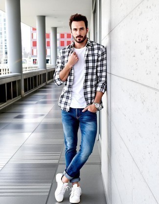 White and Black Plaid Long Sleeve Shirt · White Crew-neck T-shirt · Blue Jeans · White Leather Low Top Sneakers · Silver Watch