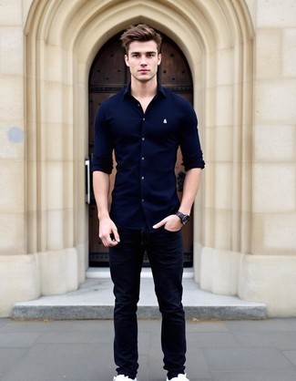 Navy Long Sleeve Shirt · Navy Jeans · White Canvas Low Top Sneakers · Dark Brown Leather Watch