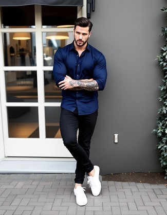 Navy Long Sleeve Shirt · Black Chinos · White Leather Low Top Sneakers
