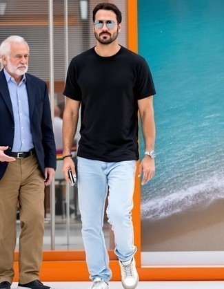 Black Crew-neck T-shirt · Light Blue Jeans · White Leather Low Top Sneakers · Grey Sunglasses · Silver Watch · Black Bracelet
