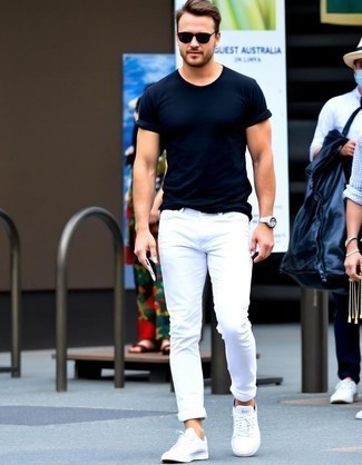 Black Crew-neck T-shirt · White Jeans · White Leather Low Top Sneakers · Black Sunglasses · Silver Watch