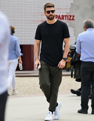 Black Crew-neck T-shirt · Olive Chinos · White Leather Low Top Sneakers · Navy Sunglasses · Black Leather Watch · Black No Show Socks