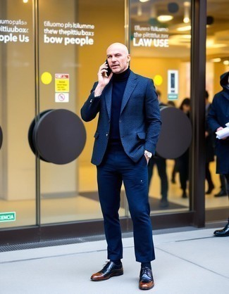 Navy Blazer · Navy Turtleneck · Navy Chinos · Black Leather Oxford Shoes · Silver Watch · Black Socks