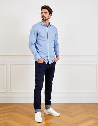 Light Blue Long Sleeve Shirt · Navy Jeans · White Canvas Low Top Sneakers