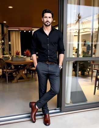 Black Long Sleeve Shirt · Charcoal Chinos · Tobacco Leather Chelsea Boots · Brown Leather Watch