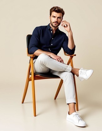 Navy Long Sleeve Shirt · Grey Chinos · White Canvas Low Top Sneakers