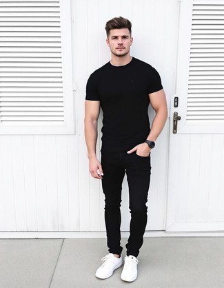 Black Crew-neck T-shirt · Black Skinny Jeans · White Athletic Shoes · Navy Watch