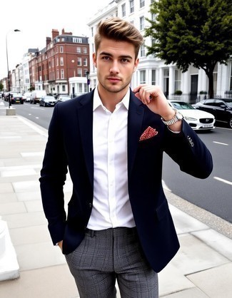 Black Blazer · White Dress Shirt · Grey Plaid Dress Pants · Red and White Polka Dot Pocket Square · Silver Watch