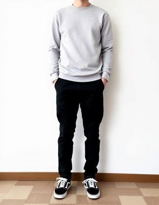 Grey Sweatshirt · Navy Chinos · Black and White Canvas Low Top Sneakers