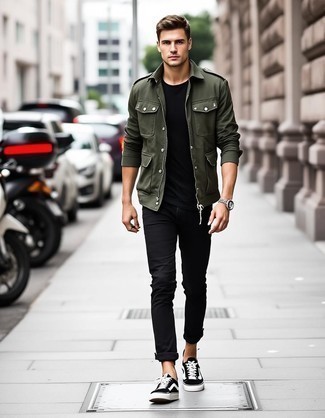 Olive Military Jacket · Black Crew-neck T-shirt · Black Jeans · Black and White Canvas Low Top Sneakers · Silver Watch