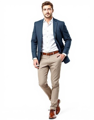 Navy Blazer · White Dress Shirt · Khaki Chinos · Tobacco Leather Derby Shoes · Brown Leather Belt · Black Socks