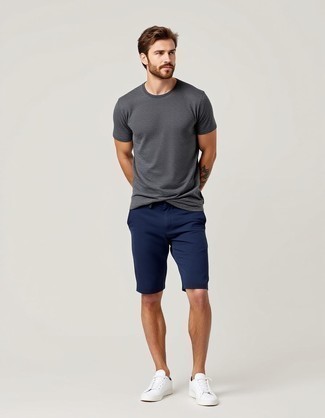 Grey Crew-neck T-shirt · Navy Shorts · White Leather Low Top Sneakers