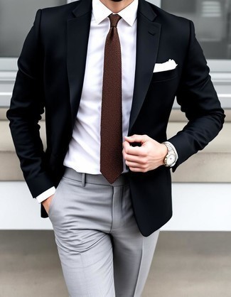 Black Blazer · White Dress Shirt · Grey Dress Pants · Dark Brown Tie · White Pocket Square · Silver Watch