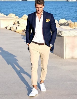 Navy Blazer · White Dress Shirt · Beige Chinos · White Canvas Low Top Sneakers · Tan Pocket Square · Dark Brown Woven Leather Belt