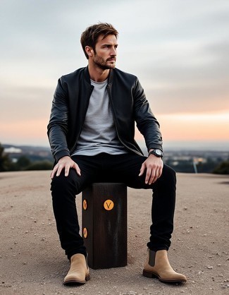 Black Leather Bomber Jacket · Grey Crew-neck T-shirt · Black Chinos · Tan Suede Chelsea Boots · Black Leather Watch