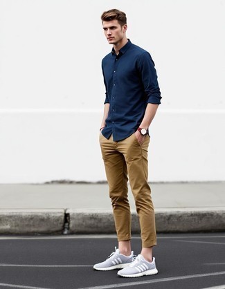 Navy Long Sleeve Shirt · Khaki Chinos · Grey Athletic Shoes · Brown Leather Watch
