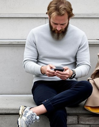 Grey Crew-neck Sweater · Navy Chinos · Grey Athletic Shoes · Beige Leather Watch