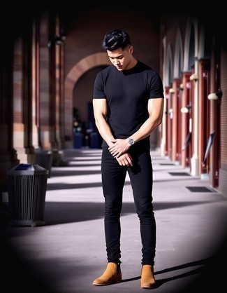 Black Crew-neck T-shirt · Black Skinny Jeans · Tan Suede Chelsea Boots · Black Leather Belt · Black Leather Watch
