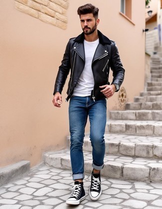Black Leather Biker Jacket · White Crew-neck T-shirt · Blue Jeans · Black and White Canvas High Top Sneakers · Silver Watch · Silver Bracelet