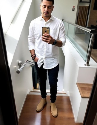 White Long Sleeve Shirt · Black Jeans · Beige Suede Chelsea Boots · Black Leather Watch · Dark Brown Beaded Bracelet