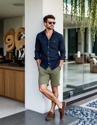 Navy Denim Shirt · Olive Shorts · Brown Leather Boat Shoes · Brown Sunglasses · Silver Watch