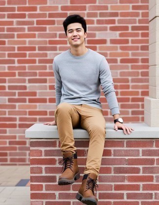 Grey Crew-neck Sweater · Khaki Chinos · Brown Leather Casual Boots · Black Leather Watch