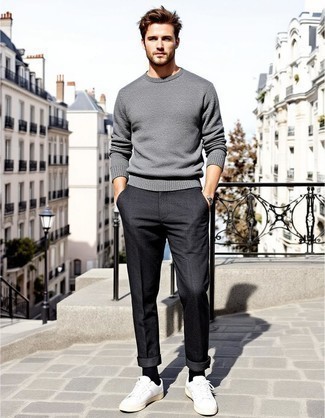 Grey Crew-neck Sweater · Charcoal Chinos · White Leather Low Top Sneakers · Black Socks